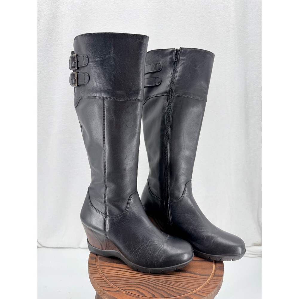Sanita Black Leather Wedge Knee High Boots Buckle Detail EU 37 US 6.5 Scandi
